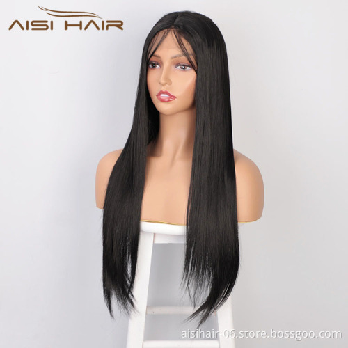 Aisi Hair Long Natural Straight Black Wig With Baby Hair Bangs Swiss Lace Wig Synthetic Lace Frontal Hair Wigs For Black Women